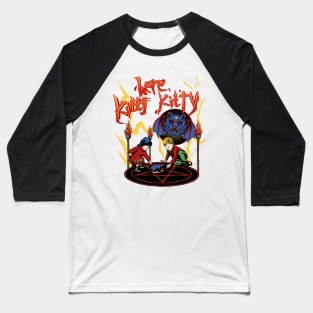 HERE KITTY KITTY Satanic Seance Parody Baseball T-Shirt